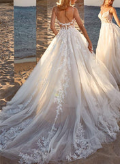 Ball-Gown V-neck Sleeveless Tulle Court Train Beach Wedding Dress With Lace Appliques