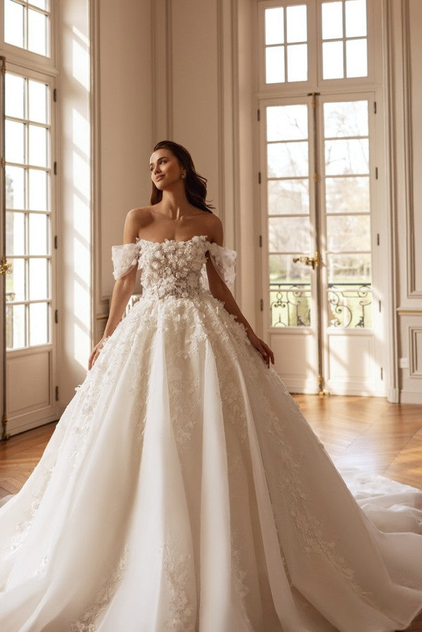 Ball Gown Wedding Dress with 3D Flowers and Off Shoulder Puff Sleeves