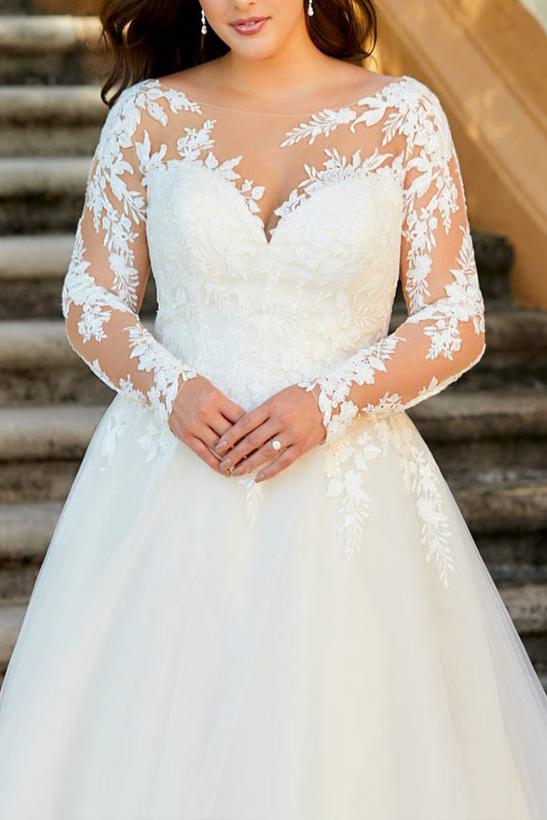 Ball-Gown/Princess Illusion Neck Sweep Train Organza Plus Size Wedding Dress With Lace Appliques