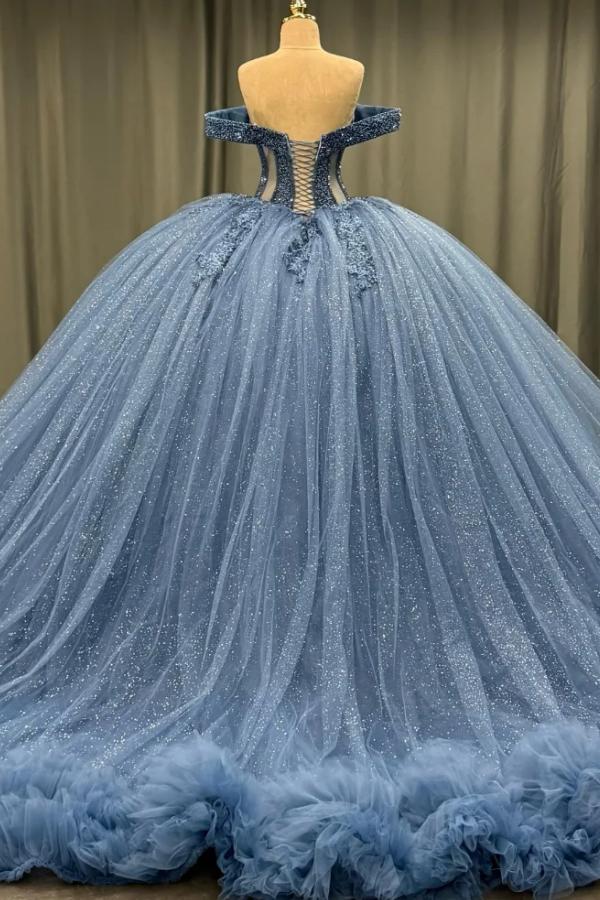 Ball Gownoff Shoulder Sleeveless Fully Beaded Appliques Pleated Lace Up Sparkly Blue Tulle Quinceanera Dress Formal Evening Gown For Sweet 16