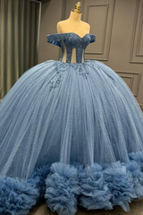 Ball Gownoff Shoulder Sleeveless Fully Beaded Appliques Pleated Lace Up Sparkly Blue Tulle Quinceanera Dress Formal Evening Gown For Sweet 16