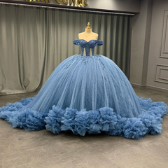 Ball Gownoff Shoulder Sleeveless Fully Beaded Appliques Pleated Lace Up Sparkly Blue Tulle Quinceanera Dress Formal Evening Gown For Sweet 16