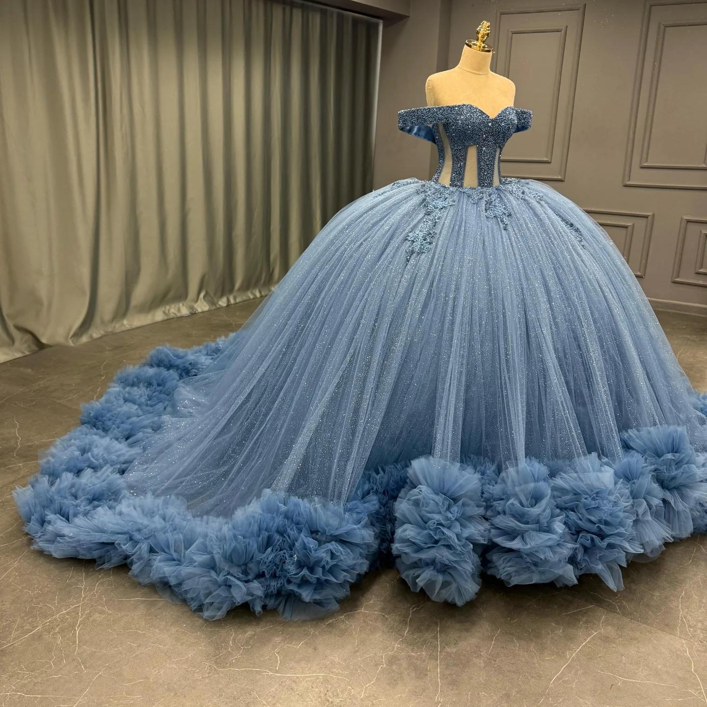 Ball Gownoff Shoulder Sleeveless Fully Beaded Appliques Pleated Lace Up Sparkly Blue Tulle Quinceanera Dress Formal Evening Gown For Sweet 16
