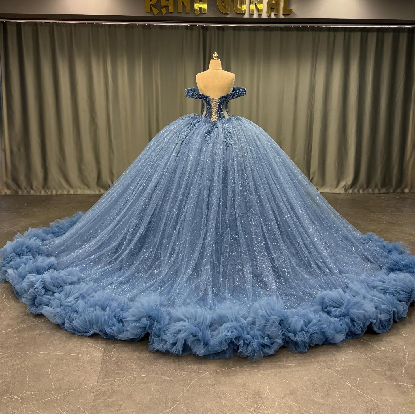 Ball Gownoff Shoulder Sleeveless Fully Beaded Appliques Pleated Lace Up Sparkly Blue Tulle Quinceanera Dress Formal Evening Gown For Sweet 16