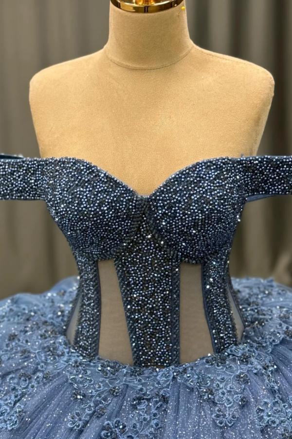 Ball Gownoff Shoulder Sleeveless Fully Beaded Appliques Pleated Lace Up Sparkly Blue Tulle Quinceanera Dress Formal Evening Gown For Sweet 16