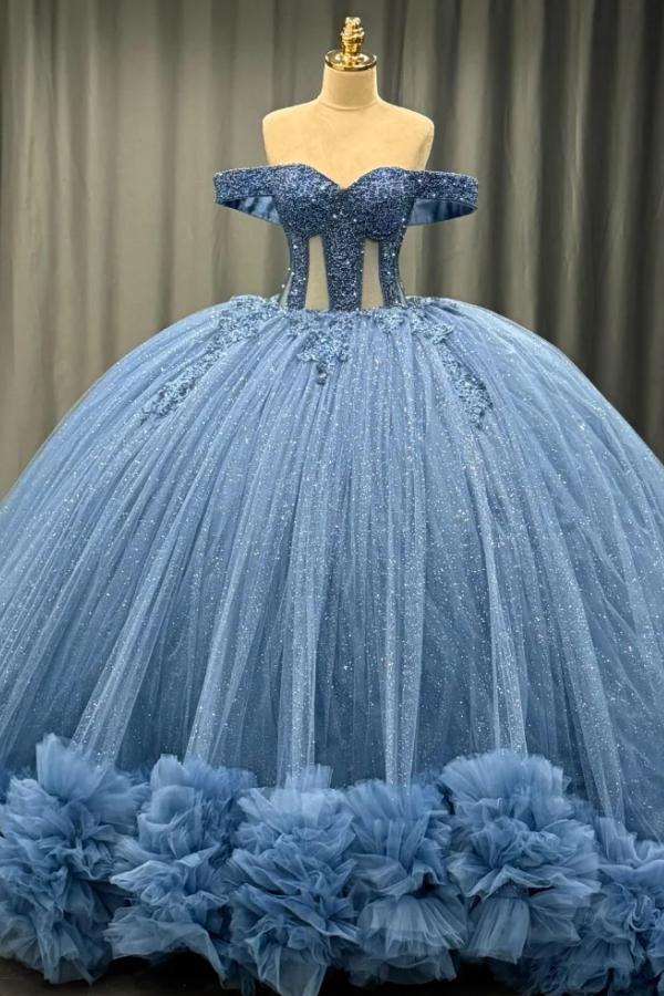 Ball Gownoff Shoulder Sleeveless Fully Beaded Appliques Pleated Lace Up Sparkly Blue Tulle Quinceanera Dress Formal Evening Gown For Sweet 16