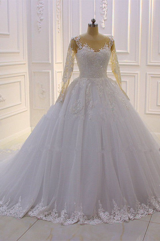 Bateau Long Sleeve Lace A Line Tulle Wedding Dress with Pearls and Appliques
