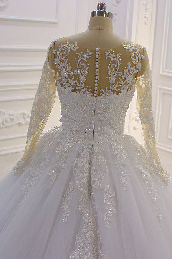 Bateau Long Sleeve Lace A Line Tulle Wedding Dress with Pearls and Appliques