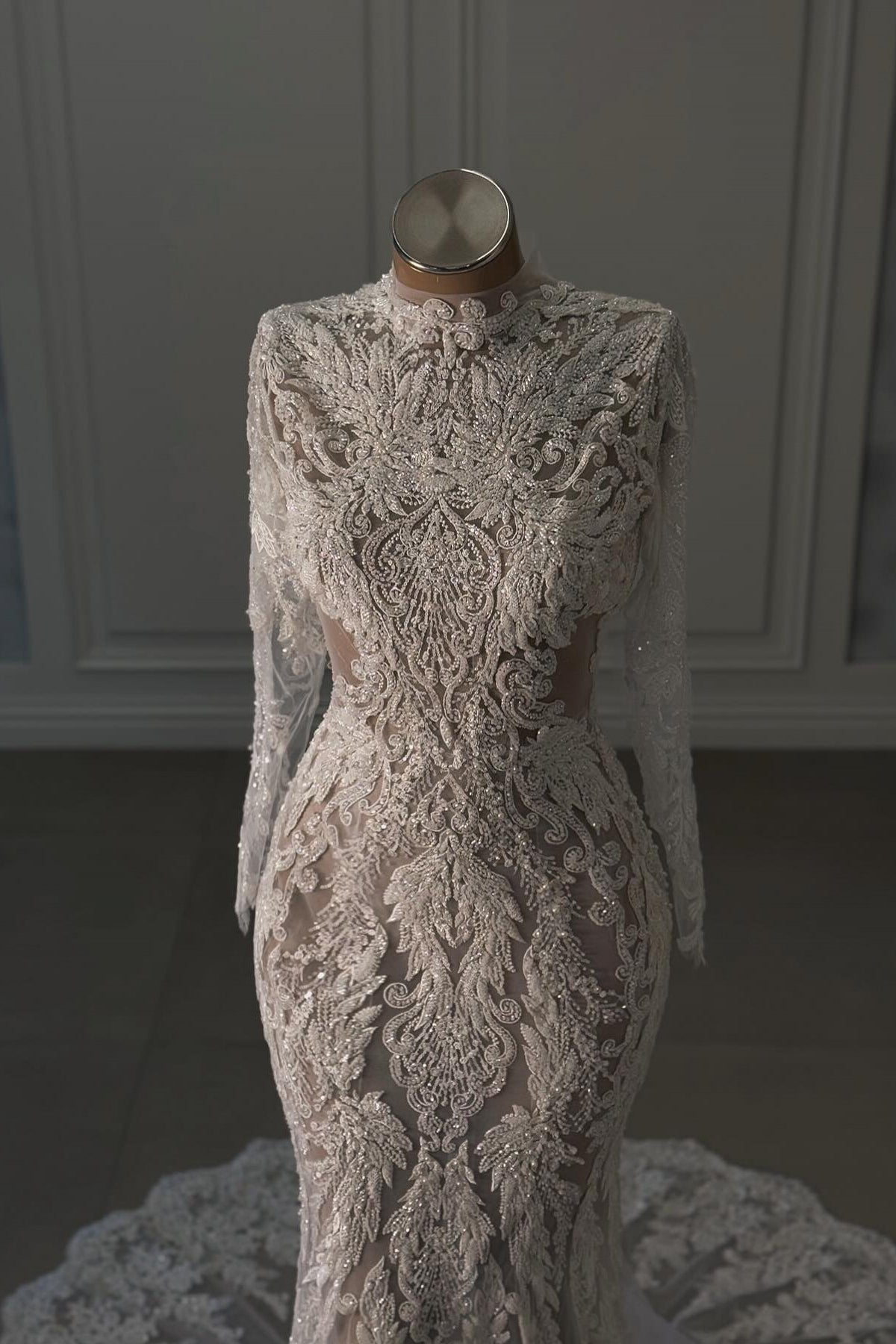 Beach Wedding Dress Mermaid Lace Beaded High Neck Sleeves Chapel Train Bridal Gown