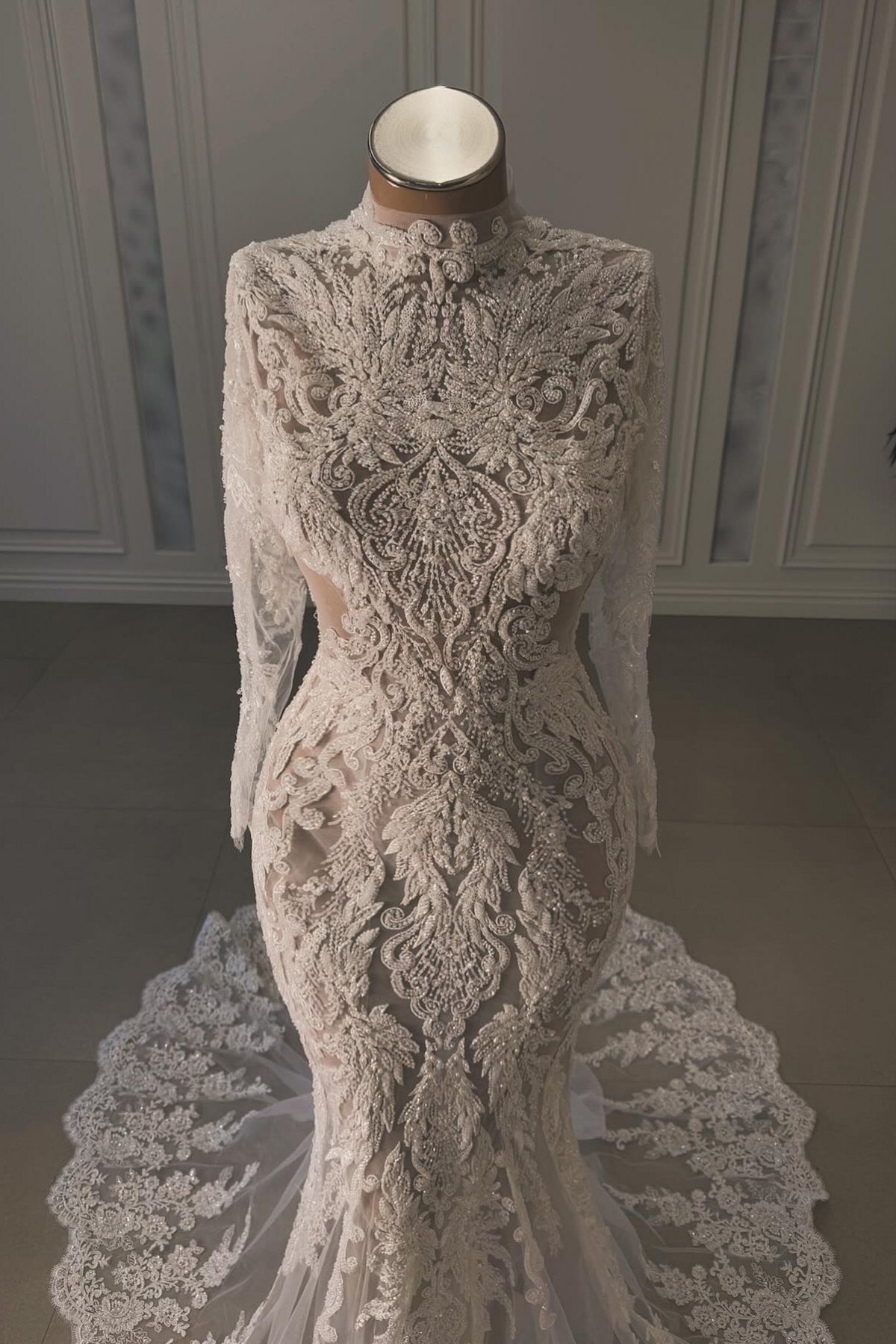 Beach Wedding Dress Mermaid Lace Beaded High Neck Sleeves Chapel Train Bridal Gown