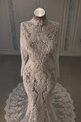 Beach Wedding Dress Mermaid Lace Beaded High Neck Sleeves Chapel Train Bridal Gown