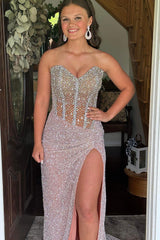 Beaded Blush Prom Dress Sweetheart Long Formal Dress With Slit