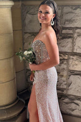 Beaded Blush Prom Dress Sweetheart Long Formal Dress With Slit
