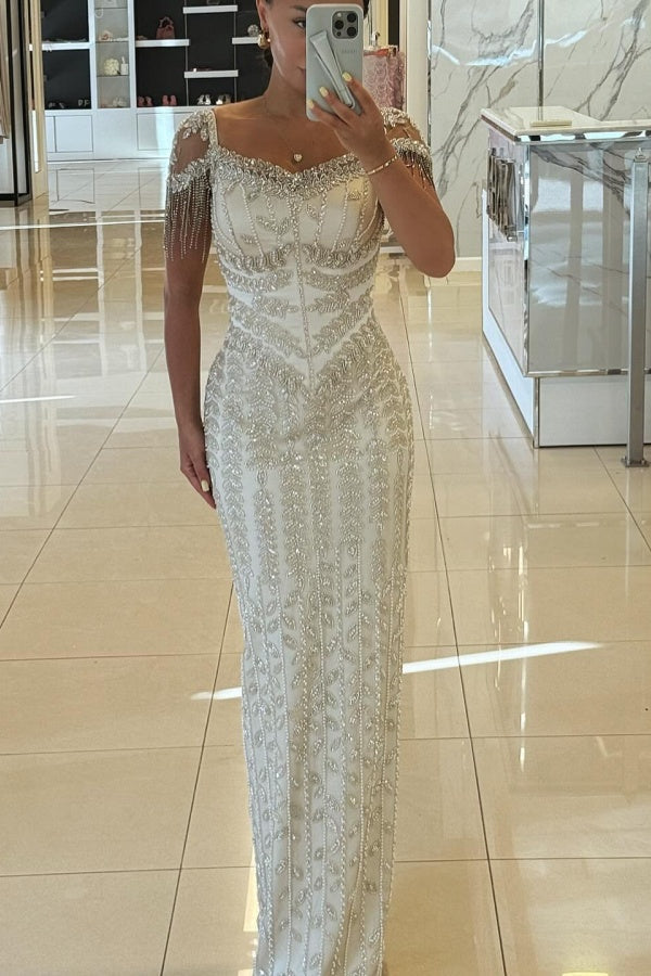 Beaded Evening Dress Sheath/Column Cap Sleeve Formal Dress
