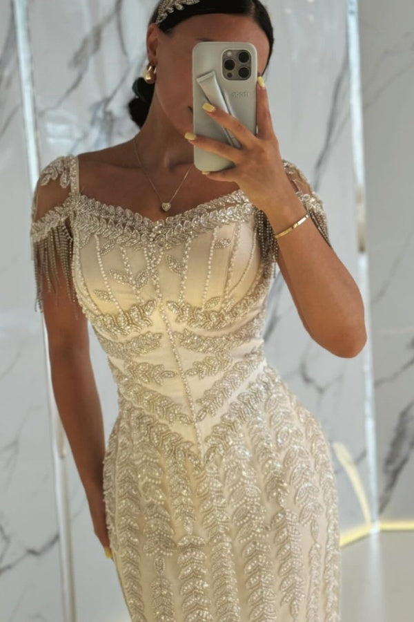 Beaded Evening Dress Sheath/Column Cap Sleeve Formal Dress