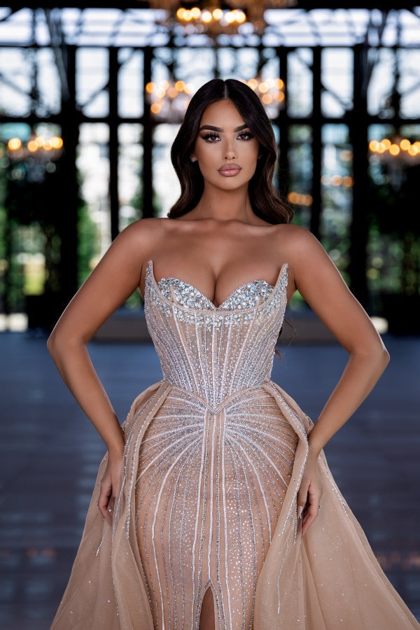 Beaded Evening Dress Sweetheart Chamapgne Panel Train Prom Formal Dress