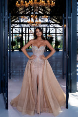 Beaded Evening Dress Sweetheart Chamapgne Panel Train Prom Formal Dress