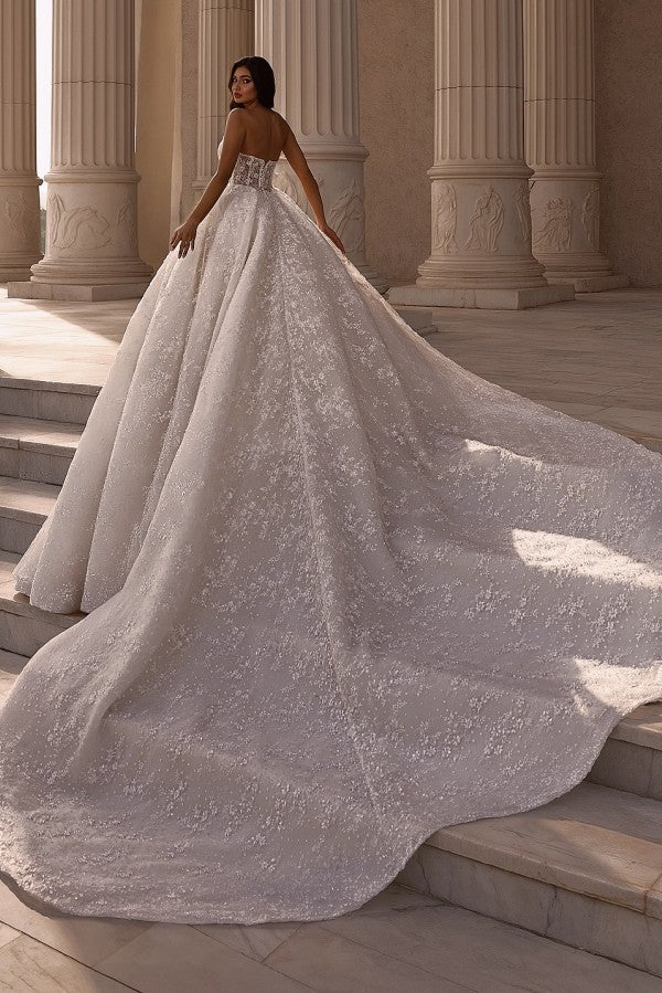 Beaded Lace Ball Gown Wedding Dress with Sheer Corset Bodice and Long Train