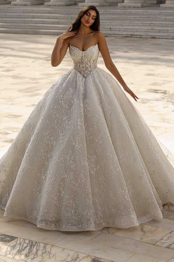 Beaded Lace Ball Gown Wedding Dress with Sheer Corset Bodice and Long Train