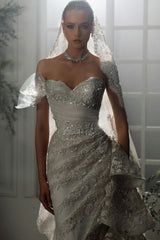 Beaded Lace Mermaid Wedding Dress with Cascading Ruffles and 3D Flowers