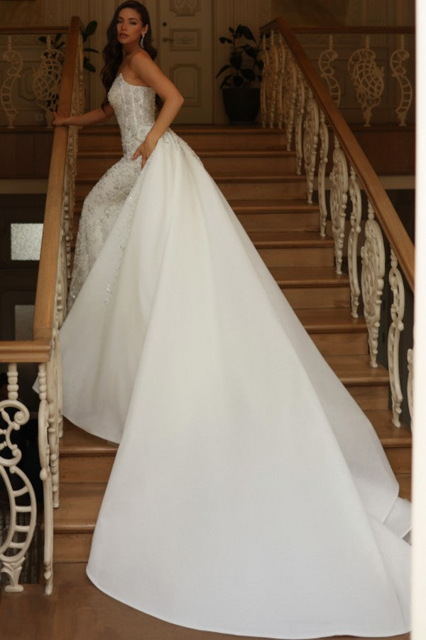 Beaded Lace Mermaid Wedding Dress with Detachable Satin Overskirt