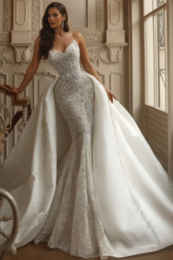 Beaded Lace Mermaid Wedding Dress with Detachable Satin Overskirt