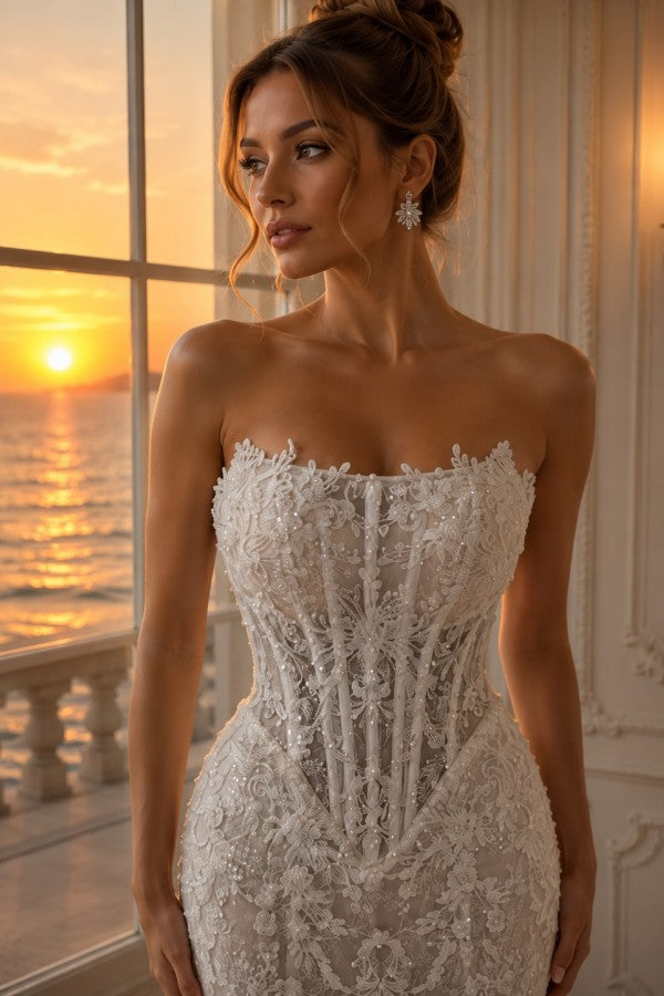 Beaded Lace Mermaid Wedding Dress with Strapless Corset Bodice