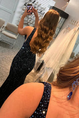 Beaded Prom Dress Deep V Neck Mermaid Evening Dress