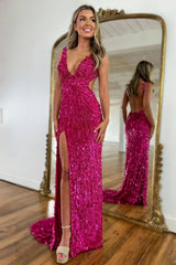 Beaded Prom Dress With Deep V Neck Slit And Open Back Formal Evening Gown