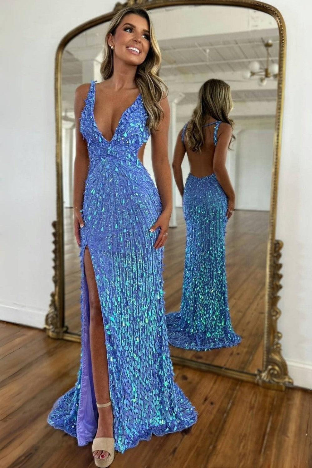 Beaded Prom Dress With Deep V Neck Slit And Open Back Formal Evening Gown