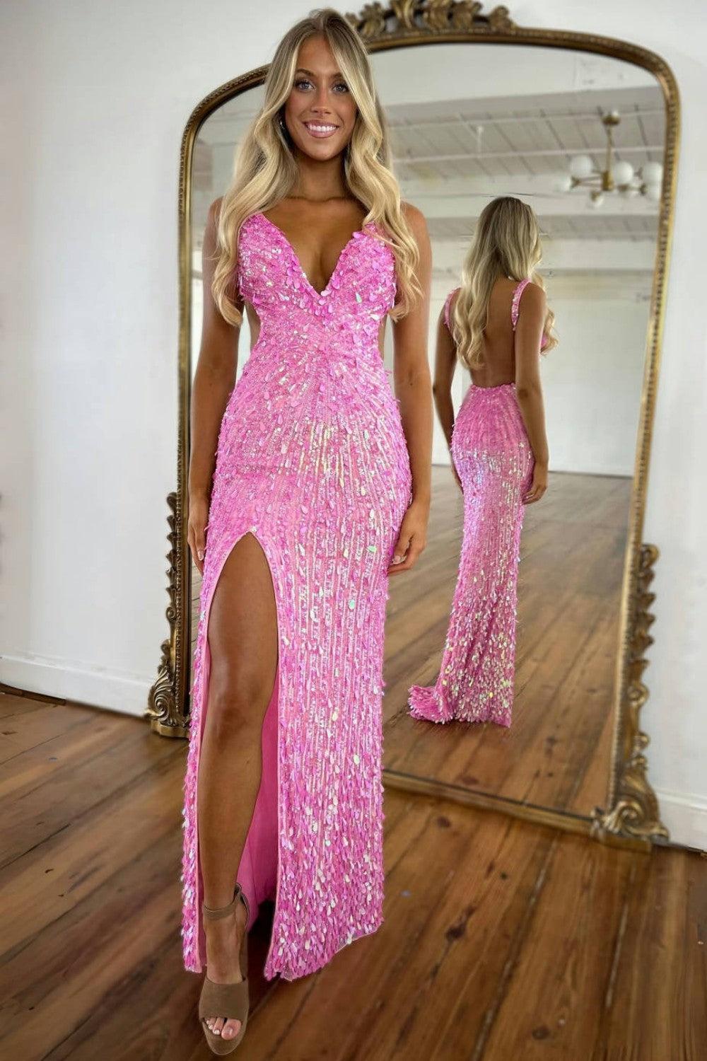 Beaded Prom Dress With Deep V Neck Slit And Open Back Formal Evening Gown
