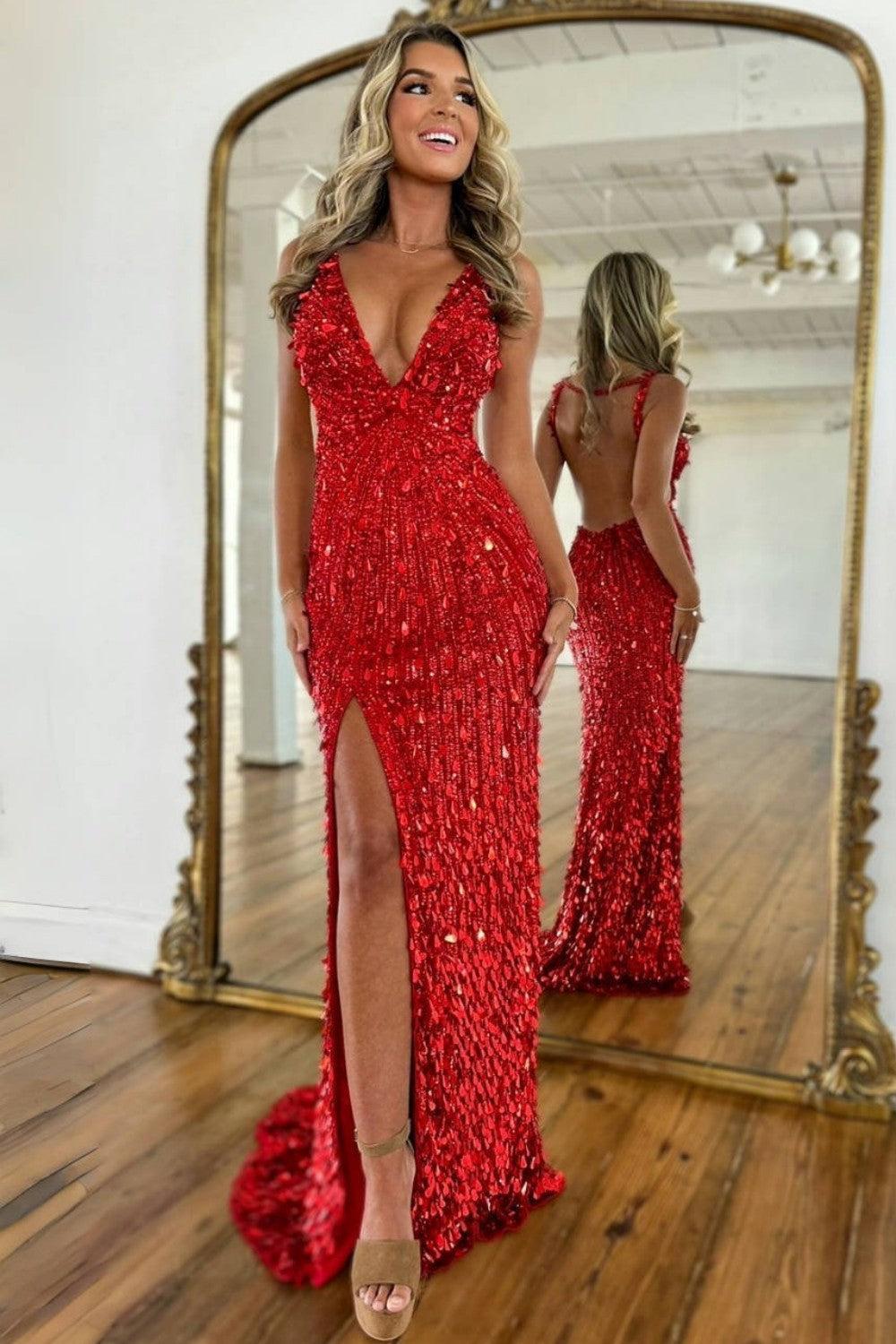 Beaded Prom Dress With Deep V Neck Slit And Open Back Formal Evening Gown