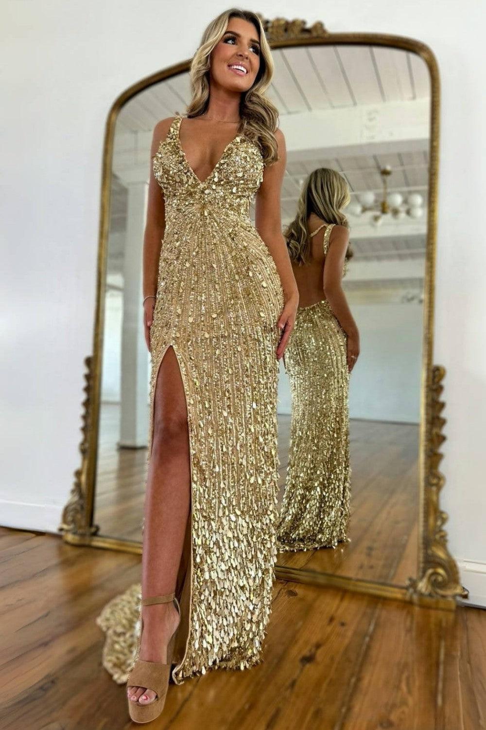 Beaded Prom Dress With Deep V Neck Slit And Open Back Formal Evening Gown