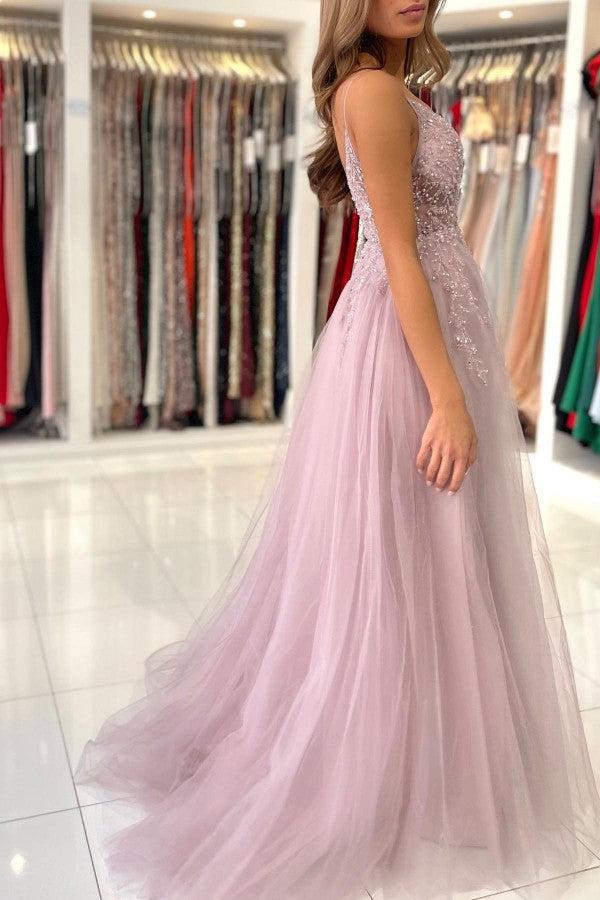 Beadings Spaghetti Strap Tulle A Line Evening Dress