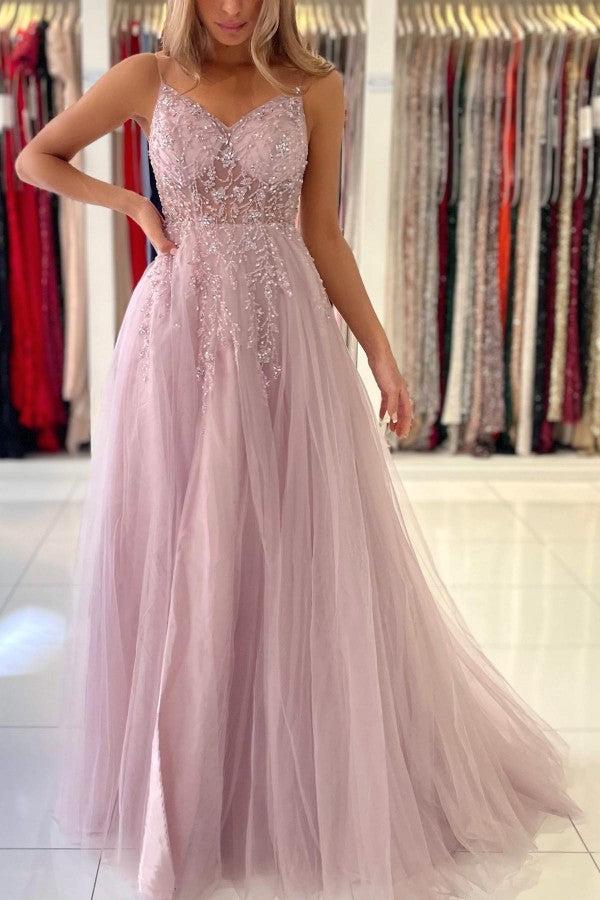 Beadings Spaghetti Strap Tulle A Line Evening Dress