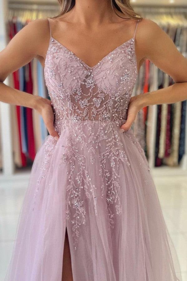 Beadings Spaghetti Strap Tulle A Line Evening Dress