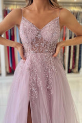 Beadings Spaghetti Strap Tulle A Line Evening Dress