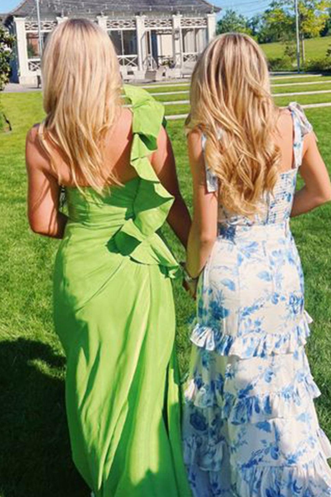 Beautiful A Line Sweetheart Blue Printed Long Prom Dress With Ruffles Formal Evening Gown