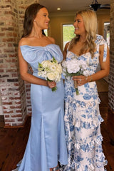 Beautiful A Line Sweetheart Blue Printed Long Prom Dress With Ruffles Formal Evening Gown