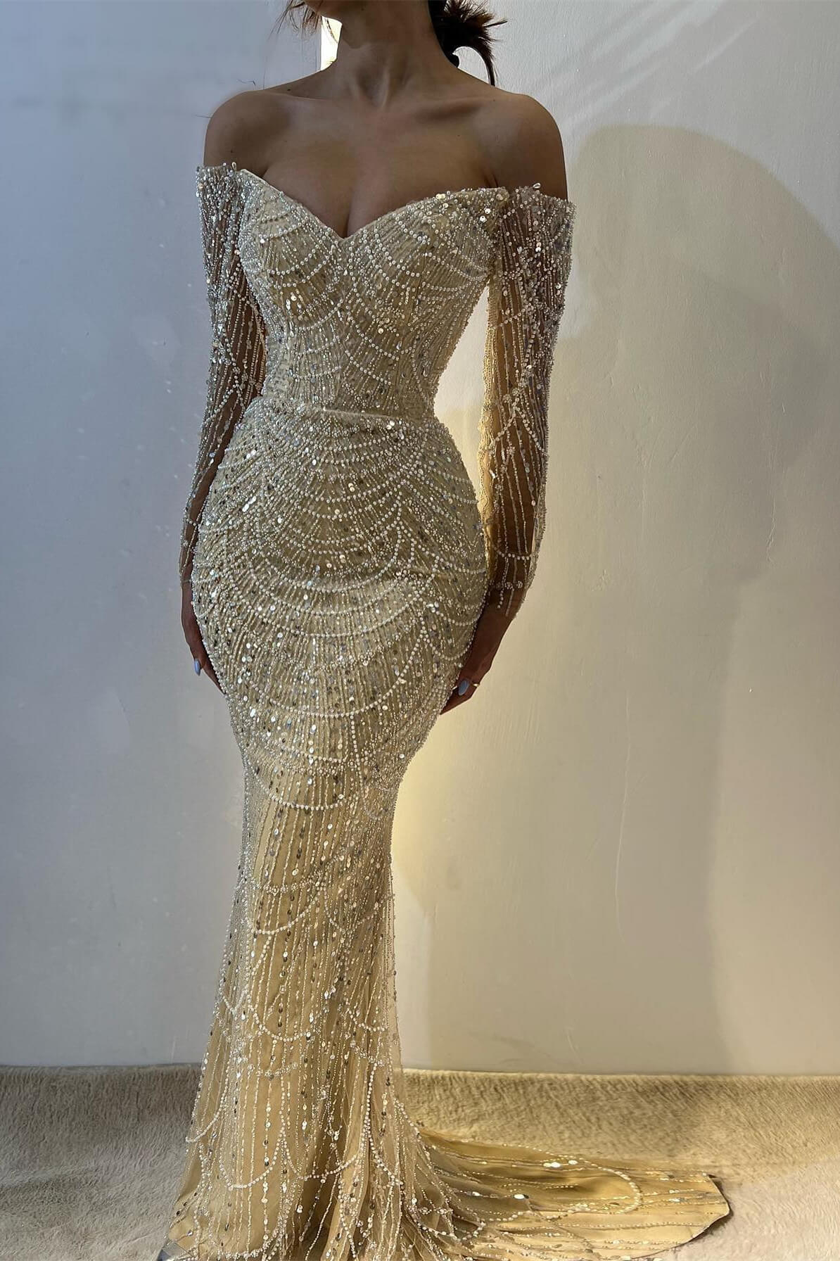 long sleeve mermaid dress uk Trumpet/Mermaid Sweep Train Scoop Neck Tulle Long Sleeves Appliques Lace Prom Dresses