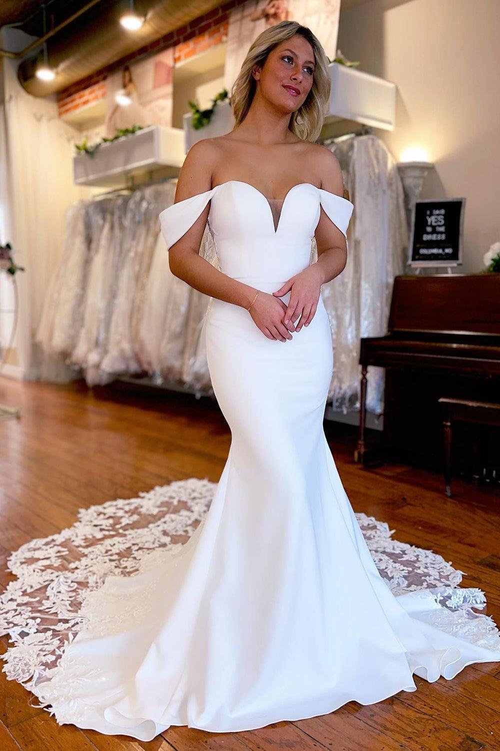 Beautiful White Boho Mermaid Off-the-Shoulder Long Beach Wedding Dress with Lace
