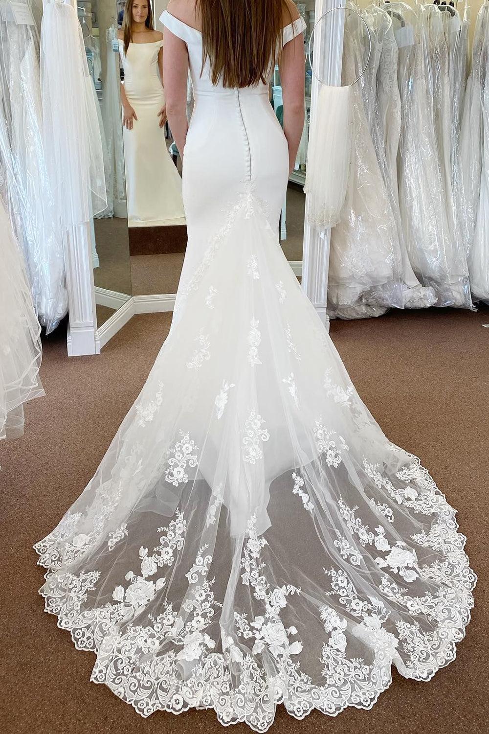 Beautiful White Off-the-Shoulder Long Mermaid Beach Wedding Dress with Lace
