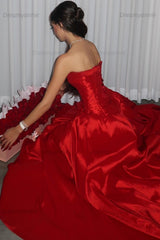 Beauty A Line Strapless Red Satin Long Prom Dress With Ruched Formal Evening Gown