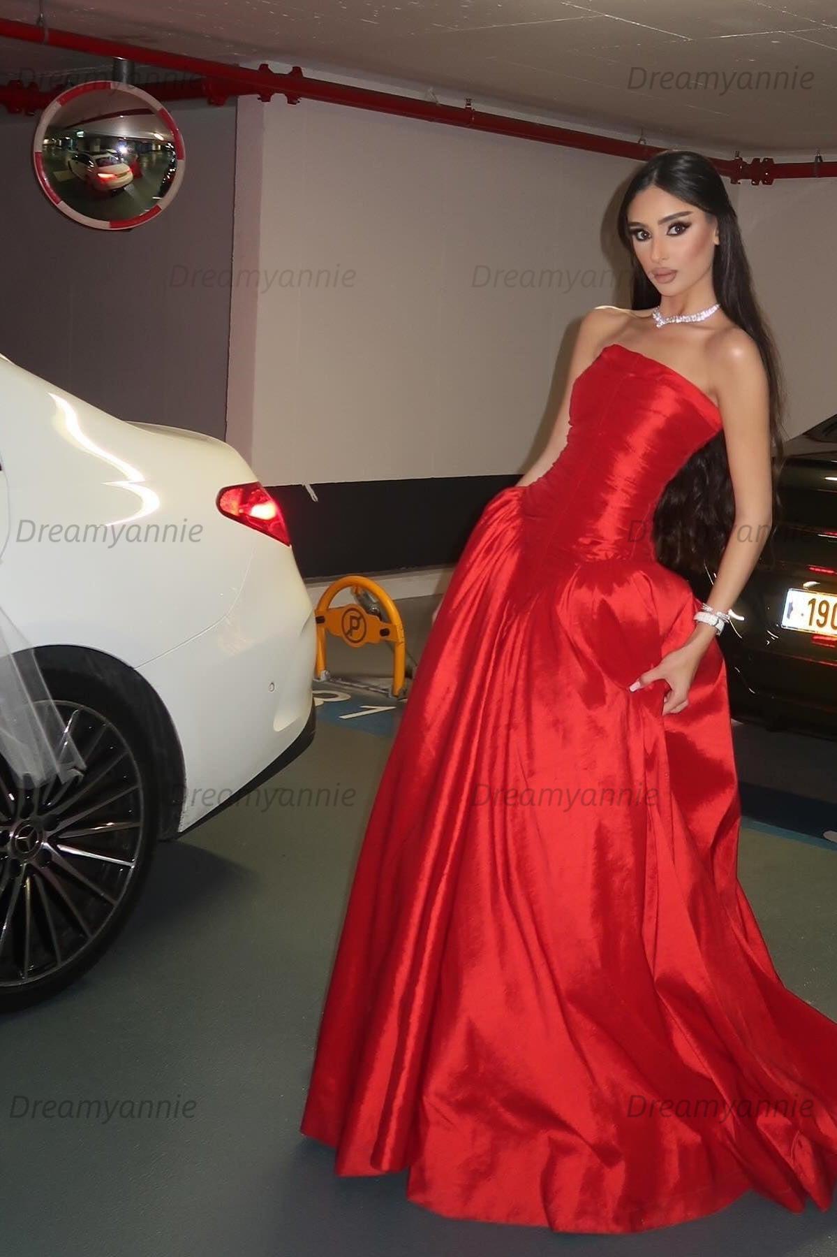 Beauty A Line Strapless Red Satin Long Prom Dress With Ruched Formal Evening Gown
