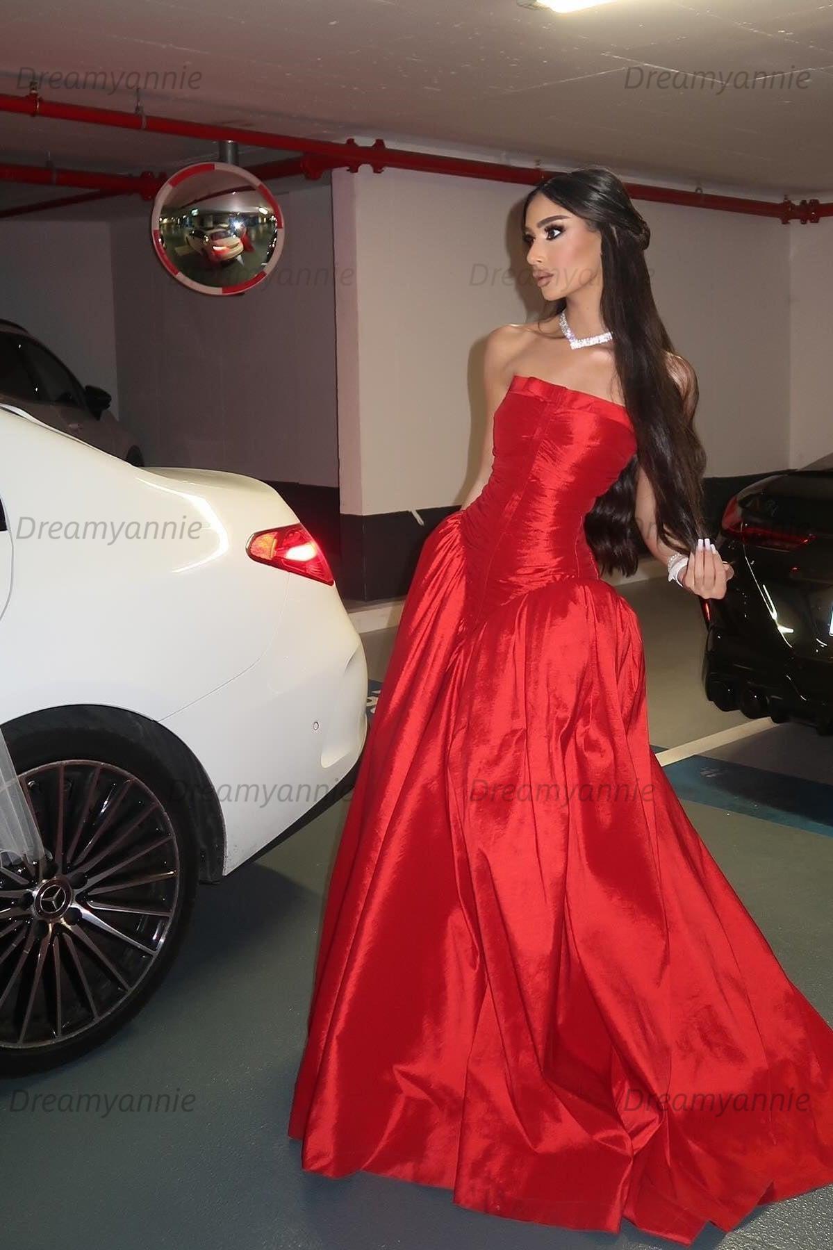 Beauty A Line Strapless Red Satin Long Prom Dress With Ruched Formal Evening Gown