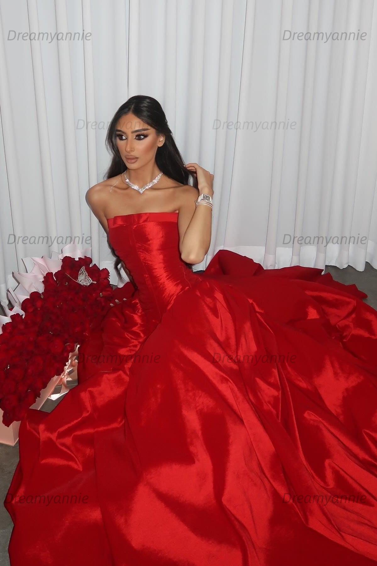Beauty A Line Strapless Red Satin Long Prom Dress With Ruched Formal Evening Gown