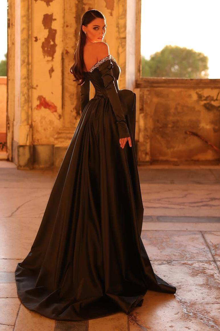 Black A Line Prom Dress Long Sleeve Off the Shoulder Beaded Evening Dress