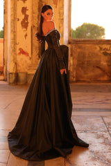 Black A Line Prom Dress Long Sleeve Off the Shoulder Beaded Evening Dress