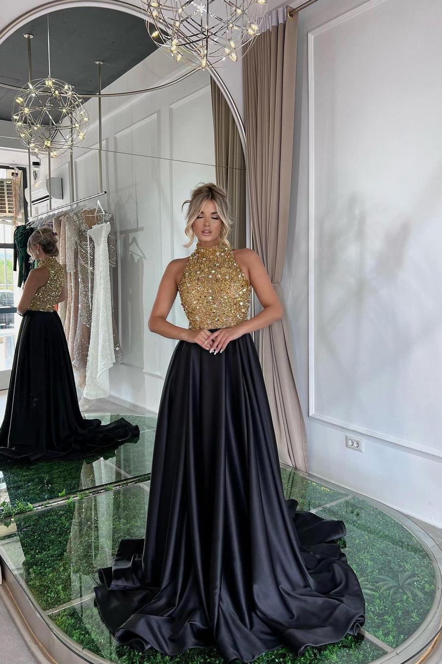 Black A Line Prom Dress Sleeveless High Neck Beaded Evening Dress