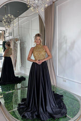 Black A Line Prom Dress Sleeveless High Neck Beaded Evening Dress